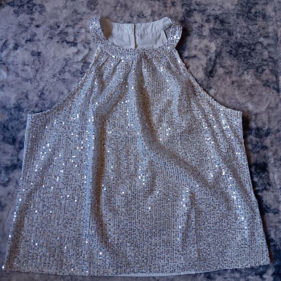 Silver Sequin Top Women Sleeveless Medium - Picture 3 of 7